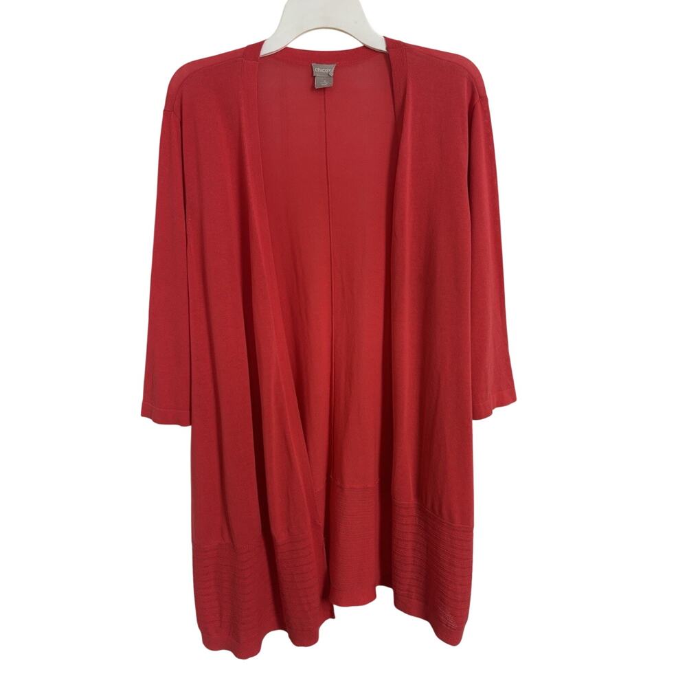 Chico’s Coral Long Line Open Front 3/4 Sleeve Cardigan Beach Cover Up Size 3 XL